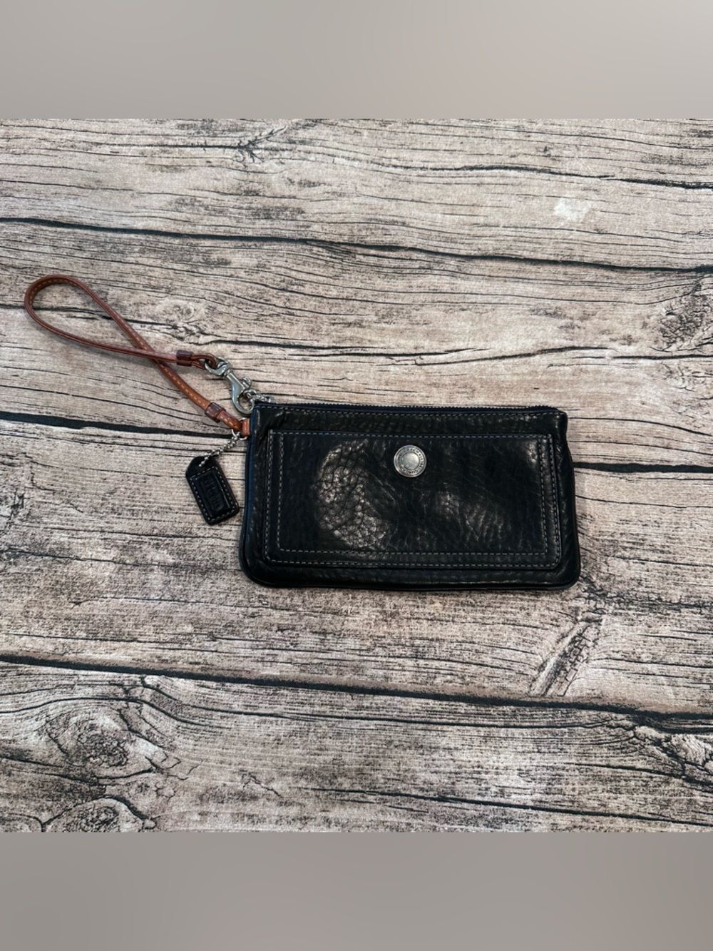 Cintage Y2K Coach Black Leather Zip Wristlet with Brown Strap ~7”x4”